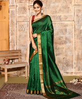 Bottle Green Pure Silk Mangalagiri Saree